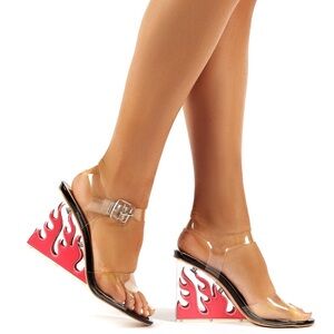 Public Desire Hot AF Black & Red / Pink Flame Detail Perspex Heeled Wedges